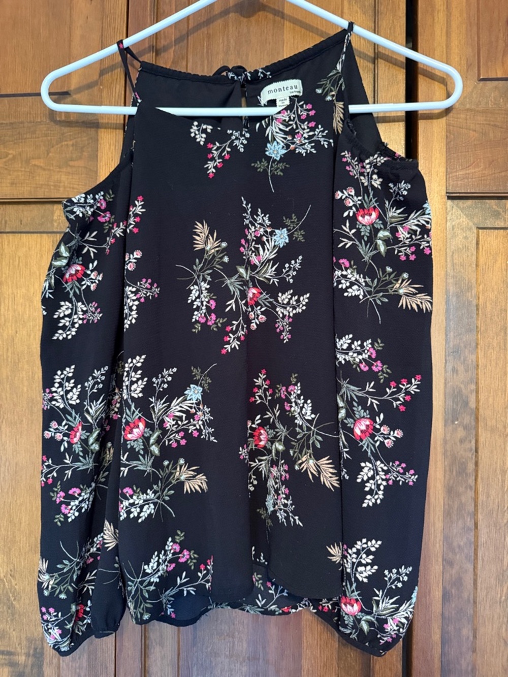 Monteau Black Floral Cold-Shoulder Top with Tie Neck